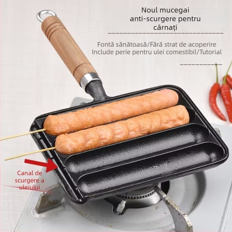 Tigaie grill din fontă pentru cârnați – pătrată, 0,9 kg, fără strat; pentru cârnați, prăjituri din orez, kebab de miel și alimente cu gluten