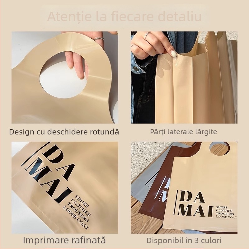 Geantă de cumpărături din plastic premium pentru magazin de îmbrăcăminte, pungă de ambalaj pentru femei — îngroșată, stilată și minimalistă, dimensiuni: mare 43×55 cm, medie 38×49 cm, mică 30×39 cm.