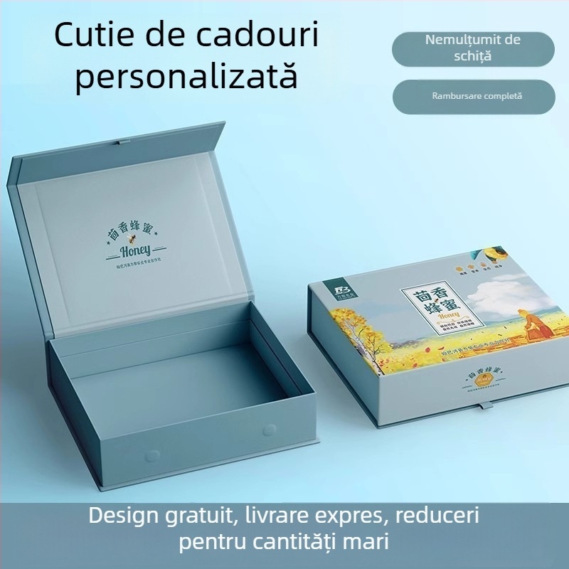 Cutie cadou personalizabilă pentru suplimente alimentare, produse de îngrijire a pielii și cosmetică, cu capac rabatabil și insignă