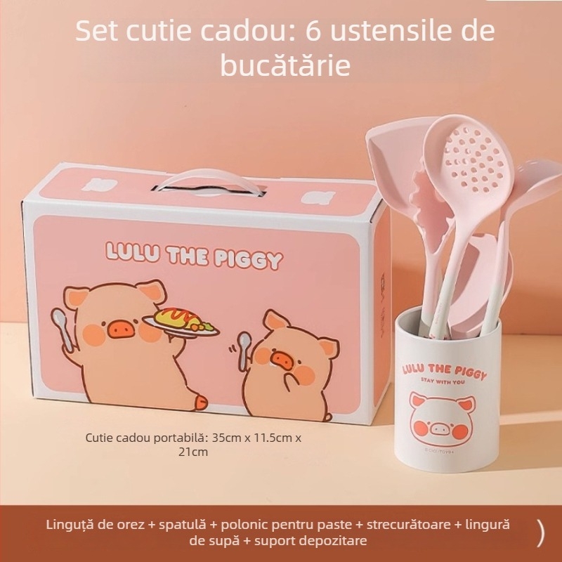 Set silicon lingură și spatulă Kawashimaya x Lulu Pig, rezistent la temperaturi înalte, ustensile de bucătărie, calitate alimentară