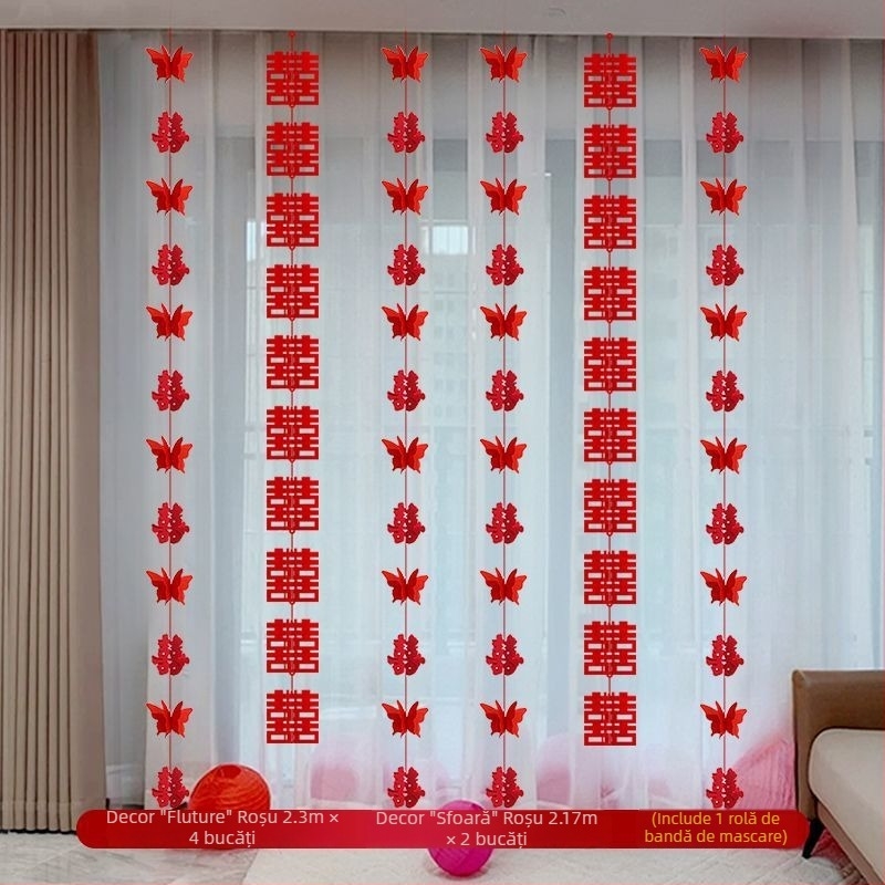 Set decorare nuntă pentru cameră: simbolul Fericirii Duble pentru living, decor perdea de dormitor, ornamente lungi de agățat, ghirlandă 3D cu fluturi