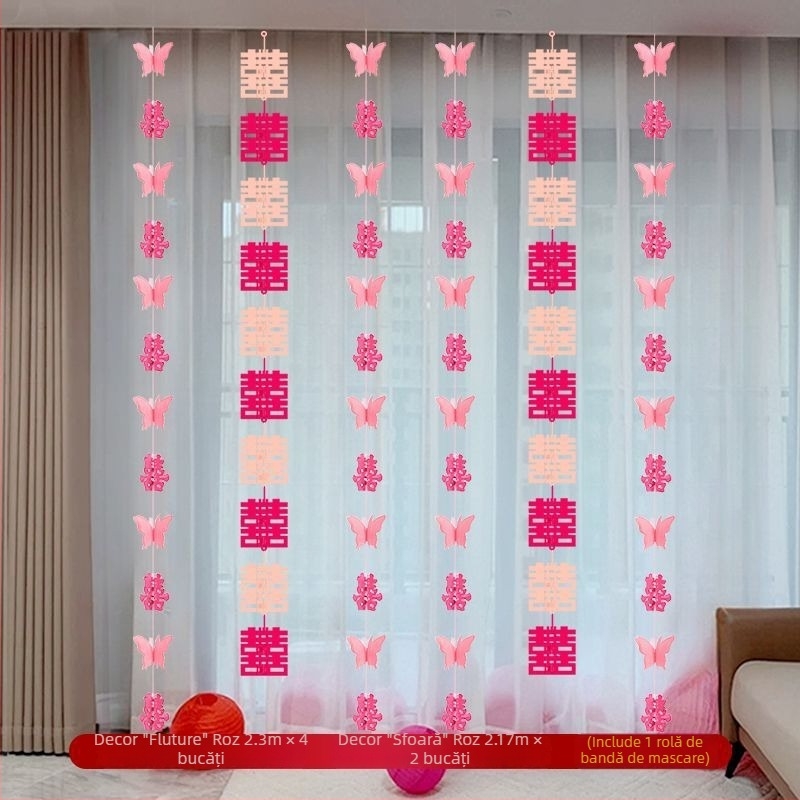Set decorare nuntă pentru cameră: simbolul Fericirii Duble pentru living, decor perdea de dormitor, ornamente lungi de agățat, ghirlandă 3D cu fluturi