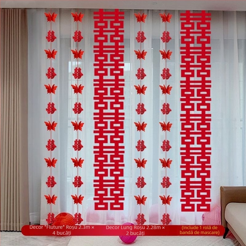 Set decorare nuntă pentru cameră: simbolul Fericirii Duble pentru living, decor perdea de dormitor, ornamente lungi de agățat, ghirlandă 3D cu fluturi