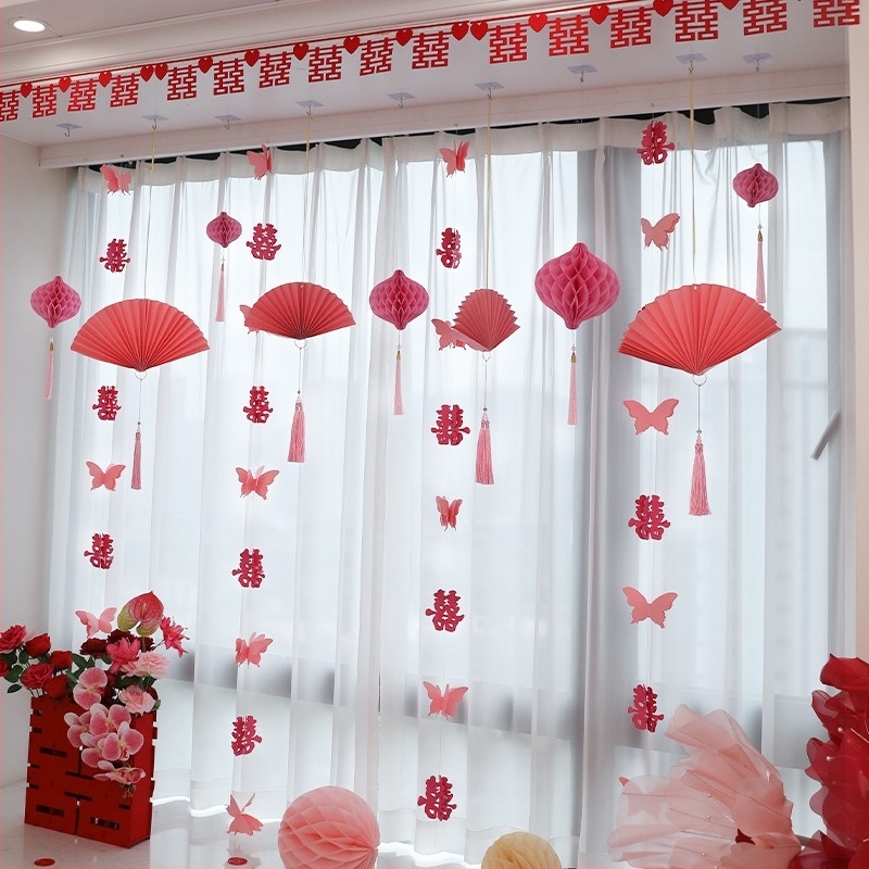 Set de decor pentru nuntă cu ghirlande cu Două Fericiri, perdele pentru camera miresei, felinare și pandante