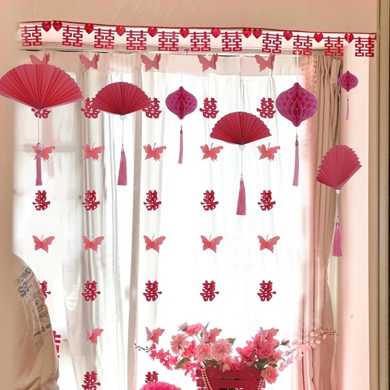 Set de decor pentru nuntă cu ghirlande cu Două Fericiri, perdele pentru camera miresei, felinare și pandante