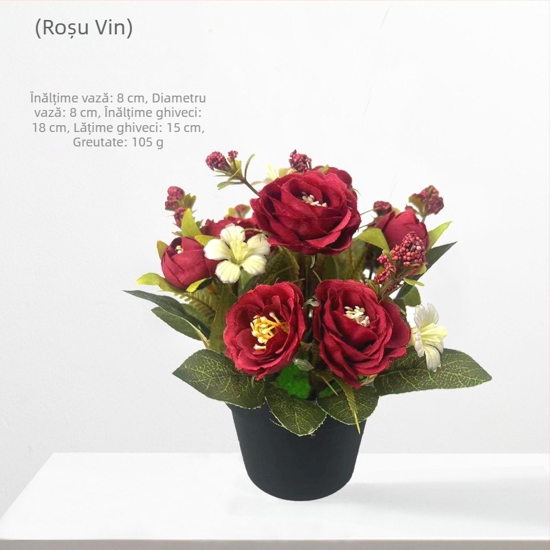 Plantă de trandafir artificial în ghiveci pentru decor interior, 18 cm înălțime
