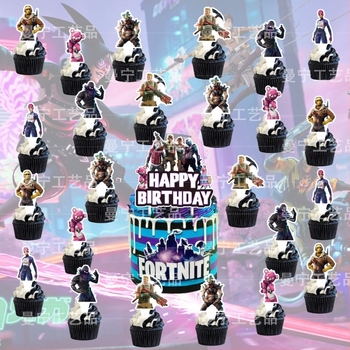 Set de decorațiuni pentru petrecere cu tema Fortnite Night: stegulețe, ornamente de tort cu baloane, ghirlande spirale și accesorii pentru petrecere cu alpaca