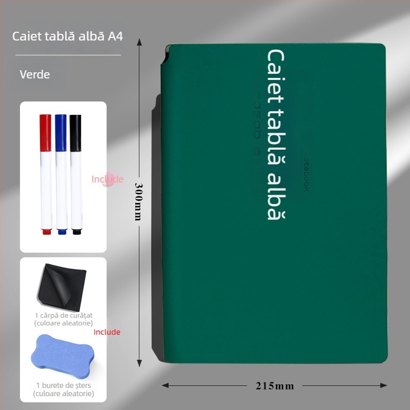 Caiet cu tablă albă, format A5/A4, portabil, pentru notițe pe birou, ștearsibil, pliabil