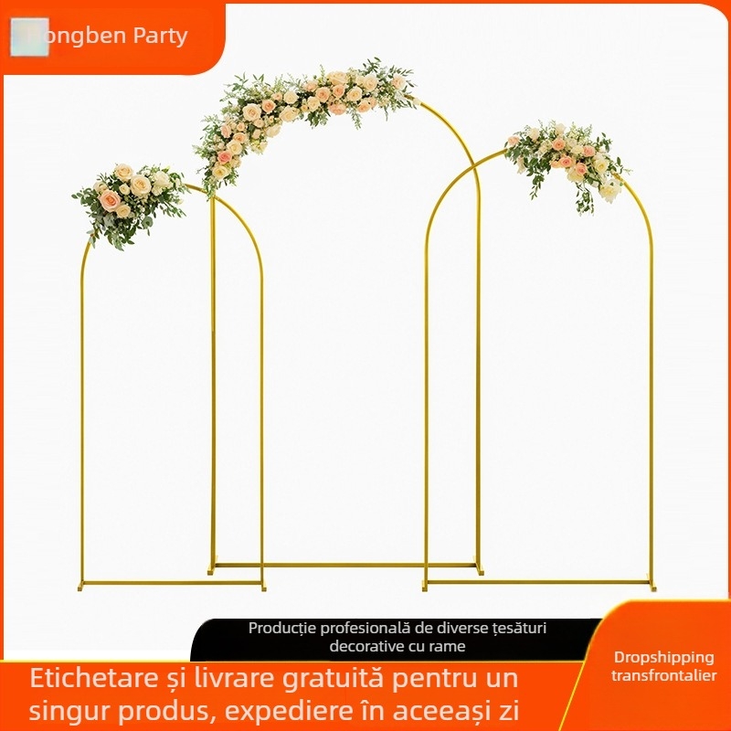 Ramă arc metalică aurie pentru fundal cu flori artificiale, decor nunți și petreceri, suport metalic pentru baloane