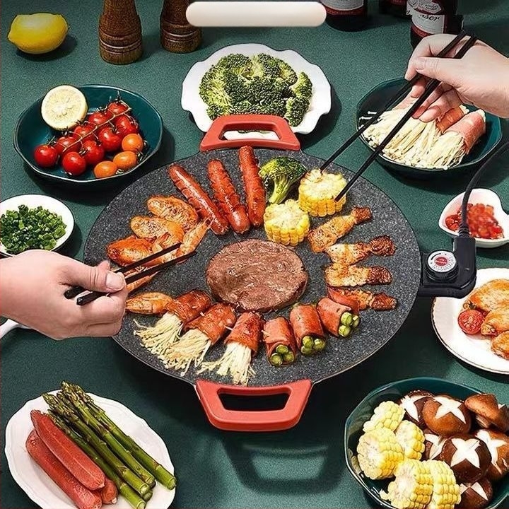 Tigaie-grill electric multifuncțional pentru uz casnic, piatră Maifan, stil coreean de barbecue, grătar electric, oală pentru hot pot și prăjire de steak