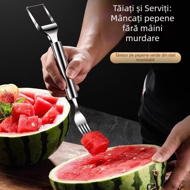 Tăietor de pepene din oțel inoxidabil – Tăietor multifuncțional cu două capete pentru cuburi și felii, 2-în-1
