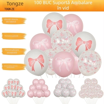 Baloni roz cu temă funda pentru petrecere de ziua de naștere – latex, sferici, 12 in, imprimeu desen animat