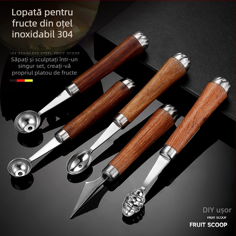 Lingură de fructe din oțel inoxidabil 304, cu tăietor gravat și mâner din lemn de rosewood – instrument DIY pentru platouri