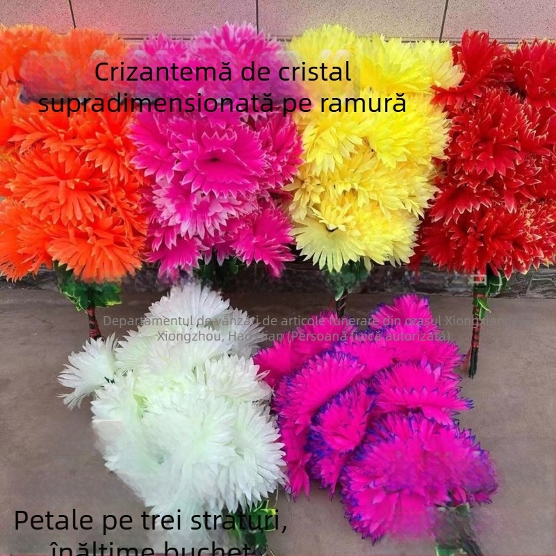 Crizanteme artificiale de satin, 75 cm, cu șapte capete, decor pentru mormânt la Qingming