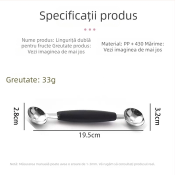 Lingură din oțel inoxidabil cu două capete și mâner din lemn, pentru bile de fructe și înghețată