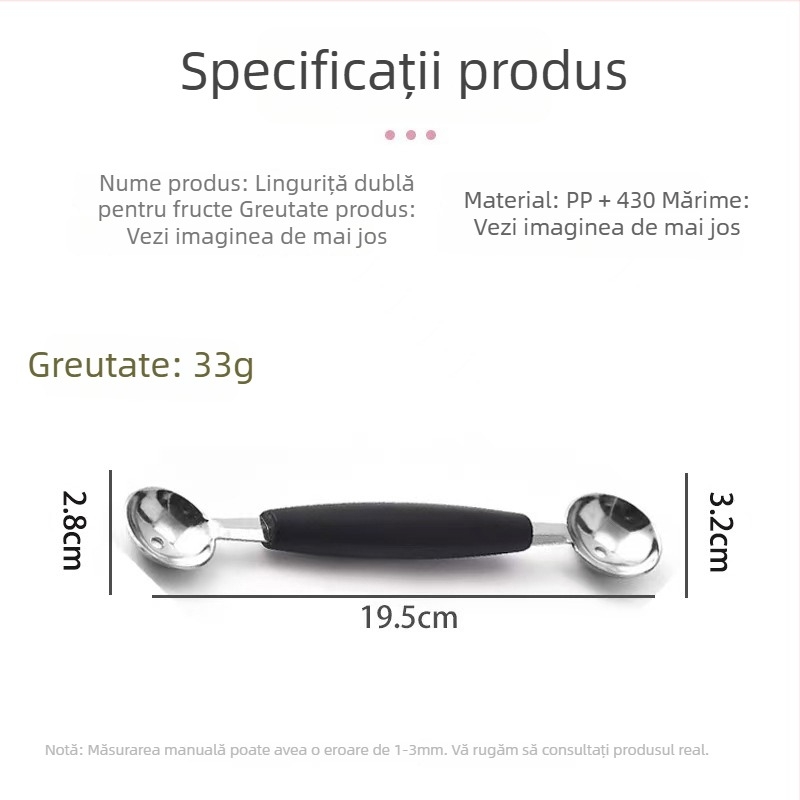 Lingură din oțel inoxidabil cu două capete și mâner din lemn, pentru bile de fructe și înghețată