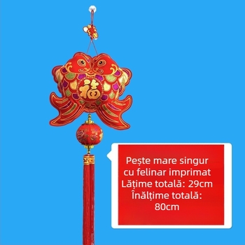 Nod chinezesc cu lanternă de atârnat, catifea auriu ștampilat cinci binecuvântări, pandantive cu pești, lotus și simbolul norocului