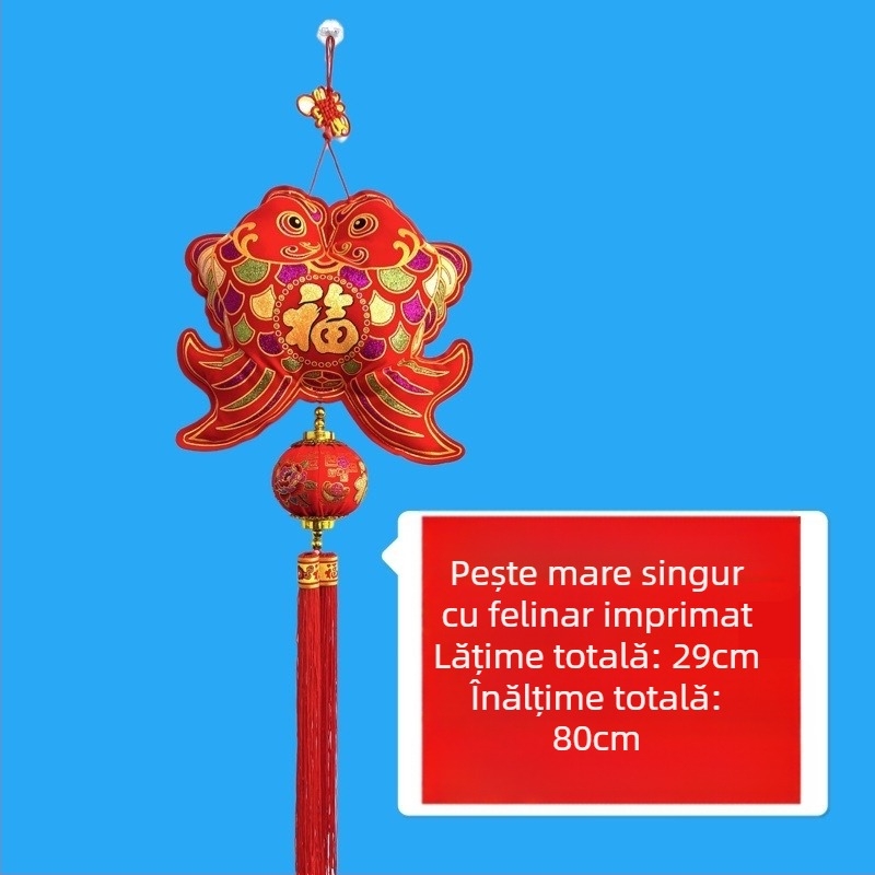 Nod chinezesc cu lanternă de atârnat, catifea auriu ștampilat cinci binecuvântări, pandantive cu pești, lotus și simbolul norocului