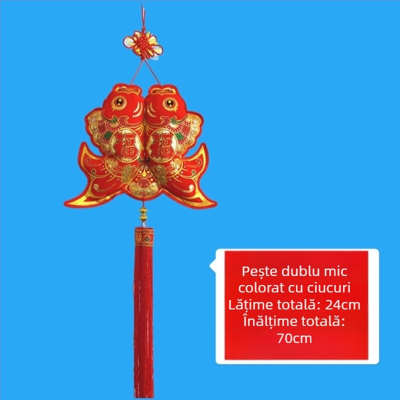 Nod chinezesc cu lanternă de atârnat, catifea auriu ștampilat cinci binecuvântări, pandantive cu pești, lotus și simbolul norocului