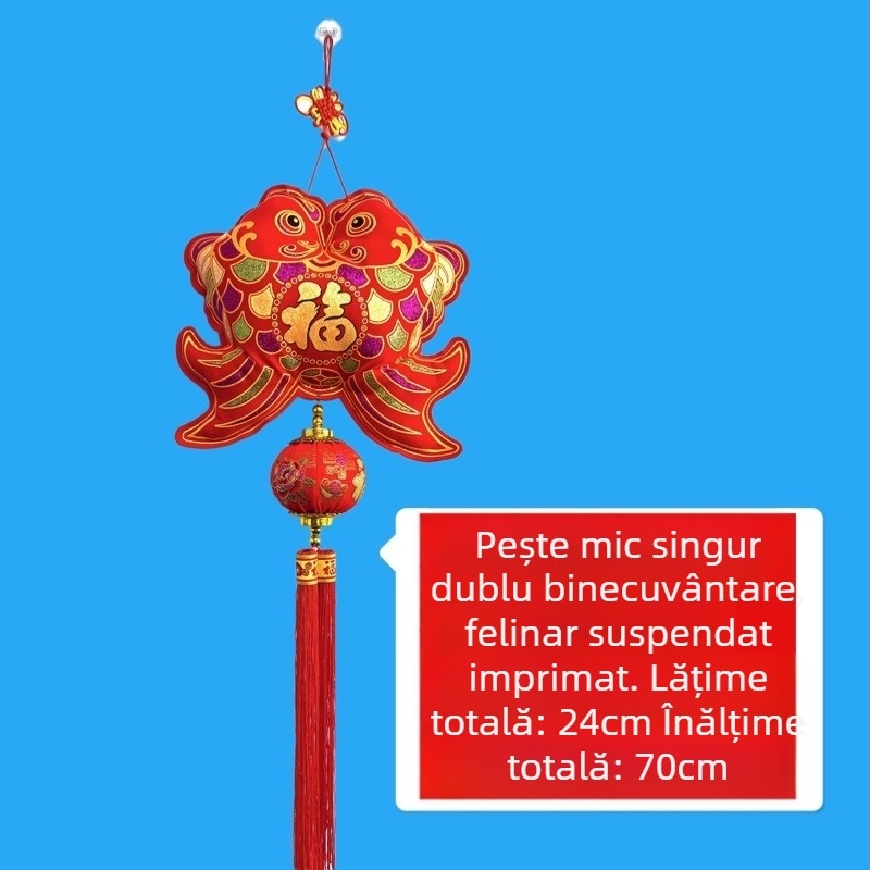 Nod chinezesc cu lanternă de atârnat, catifea auriu ștampilat cinci binecuvântări, pandantive cu pești, lotus și simbolul norocului
