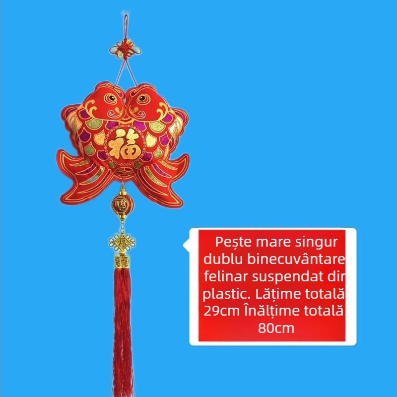 Nod chinezesc cu lanternă de atârnat, catifea auriu ștampilat cinci binecuvântări, pandantive cu pești, lotus și simbolul norocului