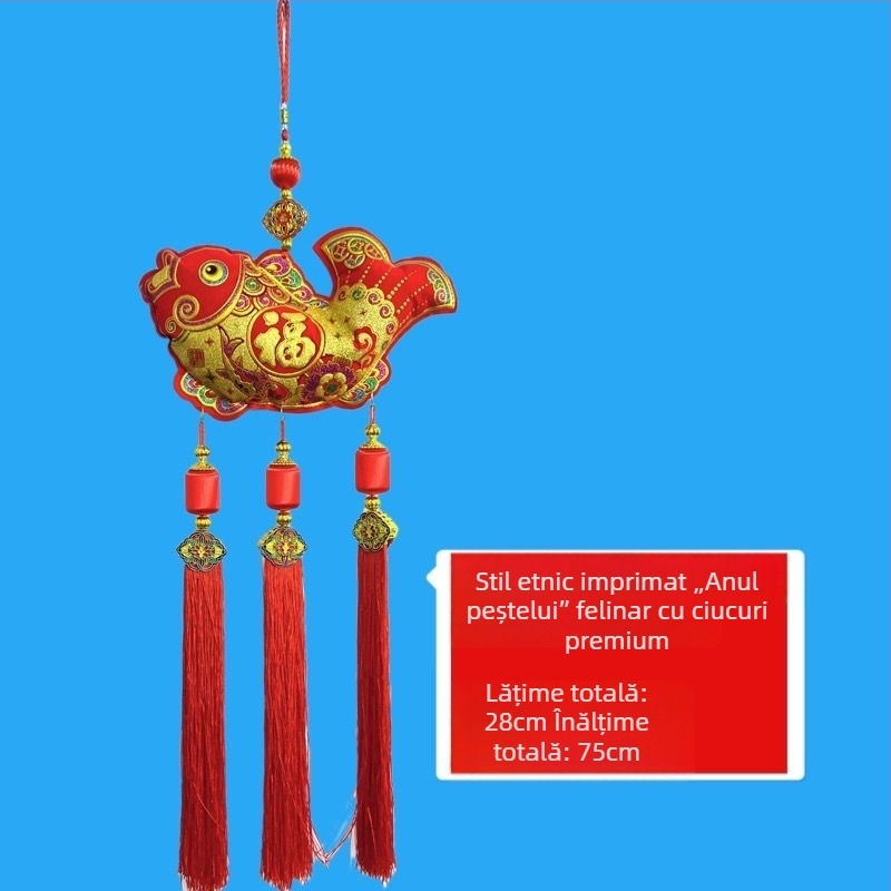 Nod chinezesc cu lanternă de atârnat, catifea auriu ștampilat cinci binecuvântări, pandantive cu pești, lotus și simbolul norocului