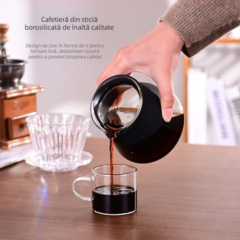Set cafea pentru partaj: oală pentru preparare manuală și ceașcă de partaj, ustensile din sticlă rezistente la temperatură și filtru de cafea