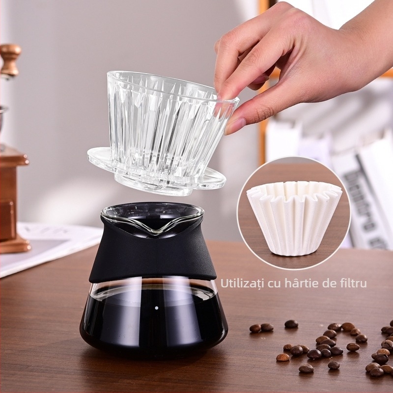 Set cafea pentru partaj: oală pentru preparare manuală și ceașcă de partaj, ustensile din sticlă rezistente la temperatură și filtru de cafea
