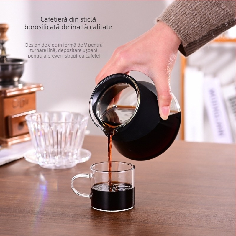 Set cafea pentru partaj: oală pentru preparare manuală și ceașcă de partaj, ustensile din sticlă rezistente la temperatură și filtru de cafea