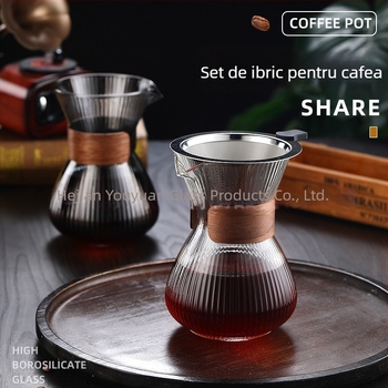 Set de cafea pentru împărțit: vas pour-over din sticlă borosilicat cu dungi și filtru din plasă reutilizabil