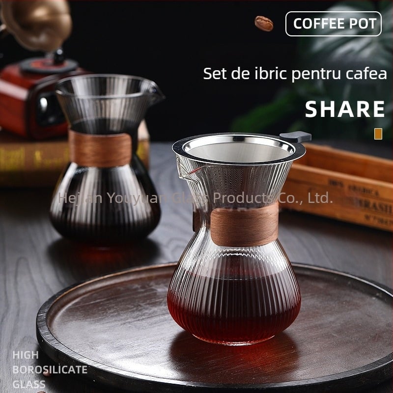 Set de cafea pentru împărțit: vas pour-over din sticlă borosilicat cu dungi și filtru din plasă reutilizabil