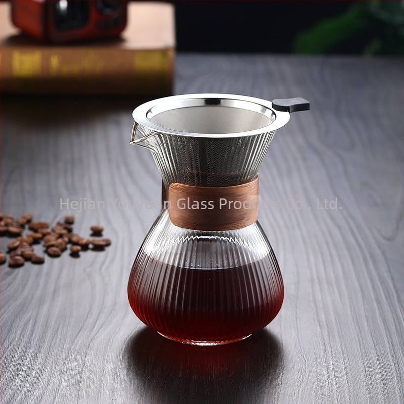 Set de cafea pentru împărțit: vas pour-over din sticlă borosilicat cu dungi și filtru din plasă reutilizabil
