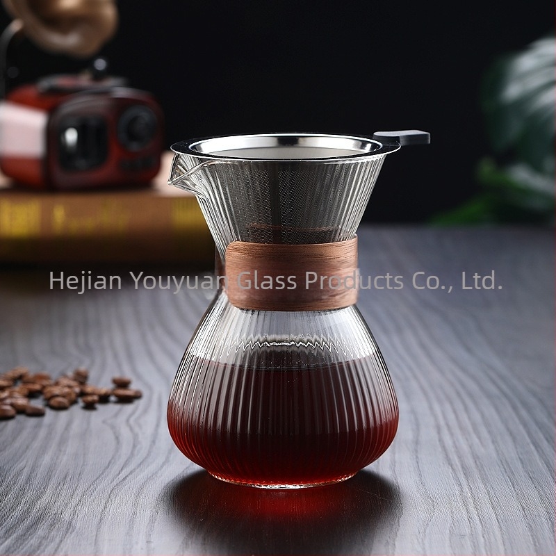 Set de cafea pentru împărțit: vas pour-over din sticlă borosilicat cu dungi și filtru din plasă reutilizabil