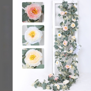 Viță artificială cu eucalipt, bujor și camelia, flori de mătase, frunziș verde, 1,8 m lungime, decor cu frunze în formă de monedă