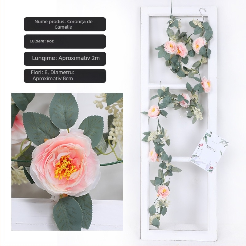 Viță artificială cu eucalipt, bujor și camelia, flori de mătase, frunziș verde, 1,8 m lungime, decor cu frunze în formă de monedă