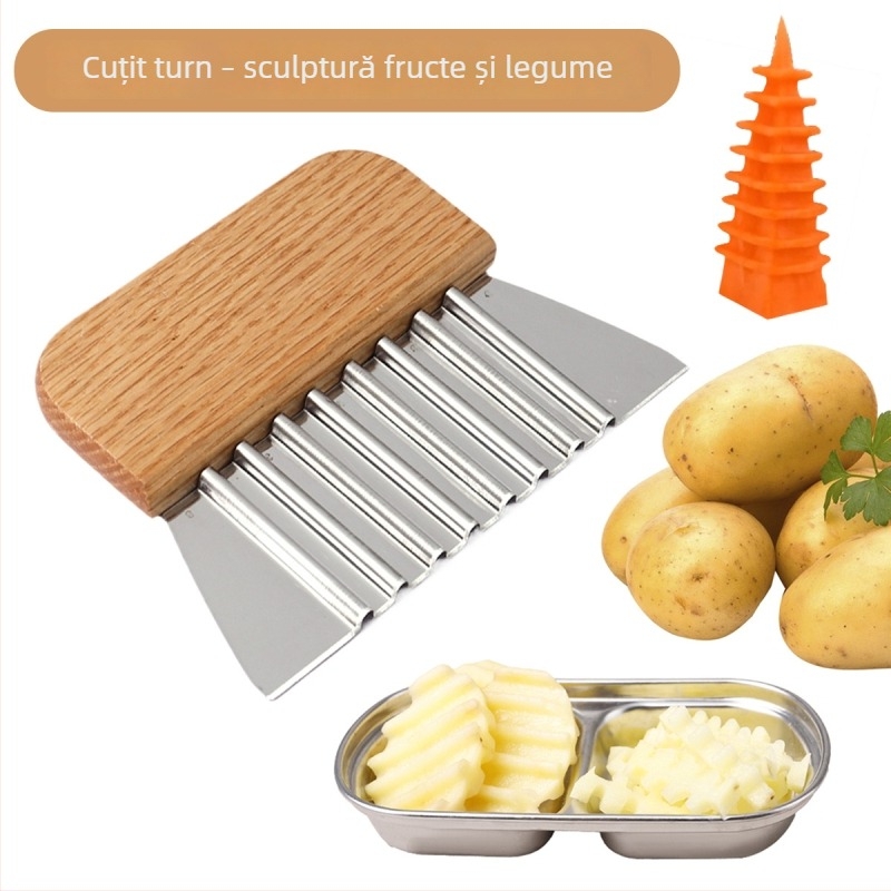 Cuțit de tăiere a cartofilor din oțel inoxidabil cu margine ondulată, pentru uz casnic și restaurant; instrument pentru cartofi prăjiți și sculptarea fructelor și legumelor (pagoda knife carving)