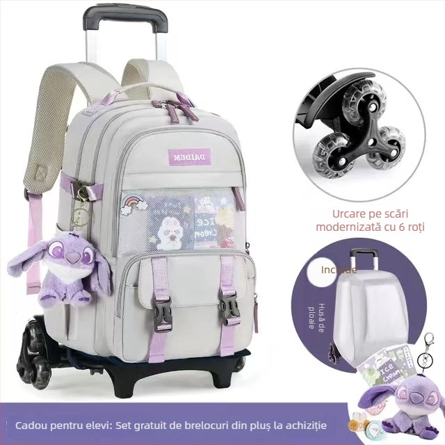 Ghiozdan școlar cu roți impermeabil pentru fete, clasele 1–6, capacitate mare