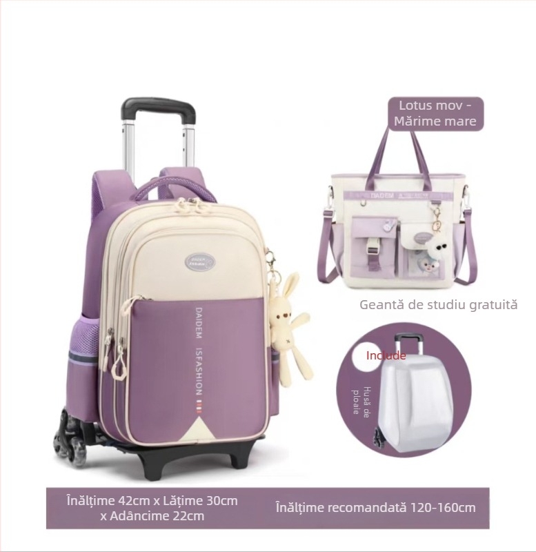 Ghiozdan școlar cu roți impermeabil pentru fete, clasele 1–6, capacitate mare