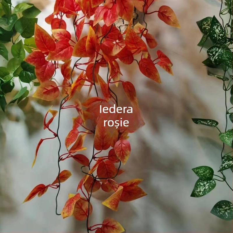Flori artificiale și viță de vie pentru decor de nuntă și hotel — frunze de arțar roșu și verde, filodendron roșu, salvie mov, viță decorativă