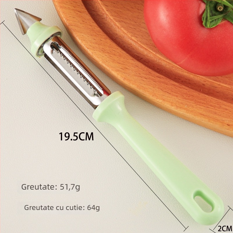 Unelte de bucătărie multifuncționale trei în unu: cuțit de decojit, răzuitor și tăietor pentru fructe, legume și cartofi