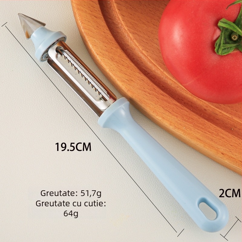 Unelte de bucătărie multifuncționale trei în unu: cuțit de decojit, răzuitor și tăietor pentru fructe, legume și cartofi