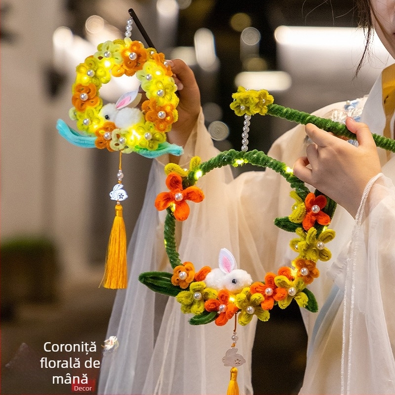 Felinar cu iepurași – ghirlandă luminoasă, lucrat manual, decor DIY pentru Festivalul de la mijlocul toamnei