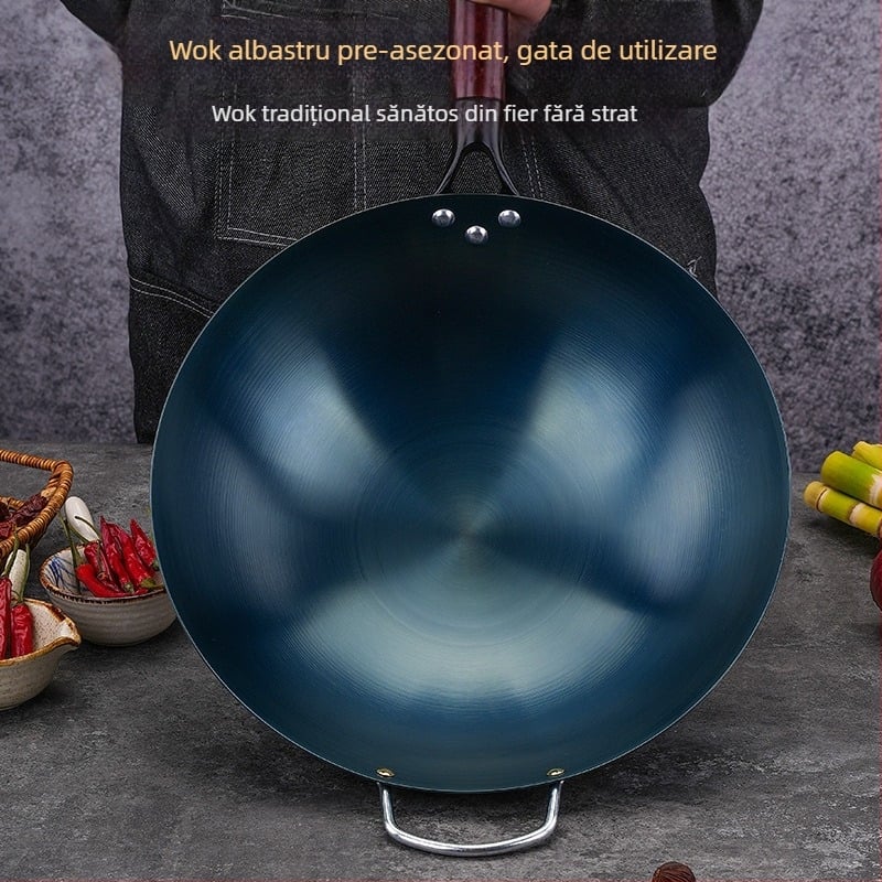 Wok din fier albastru, fund rotund, neacoperit, compatibil cu aragaz pe gaz, pentru uz casnic și comercial