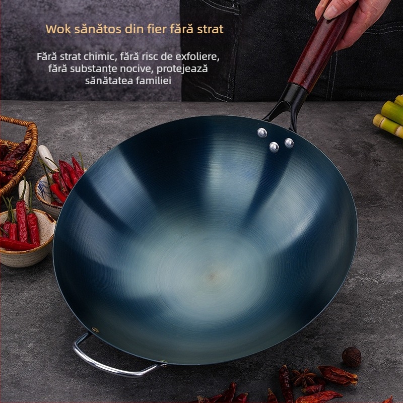 Wok din fier albastru, fund rotund, neacoperit, compatibil cu aragaz pe gaz, pentru uz casnic și comercial