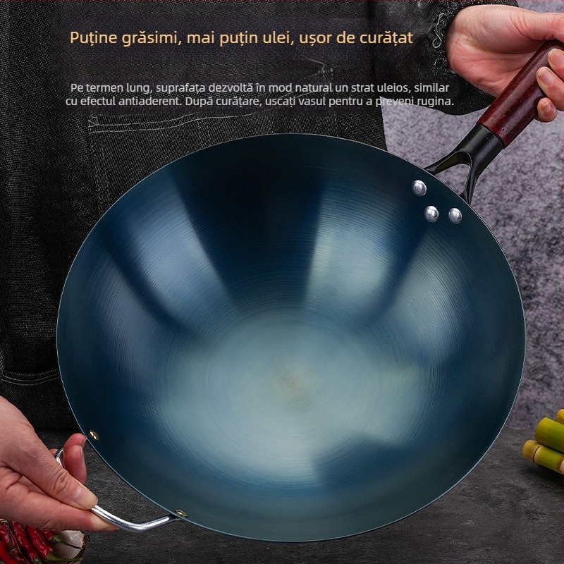 Wok din fier albastru, fund rotund, neacoperit, compatibil cu aragaz pe gaz, pentru uz casnic și comercial