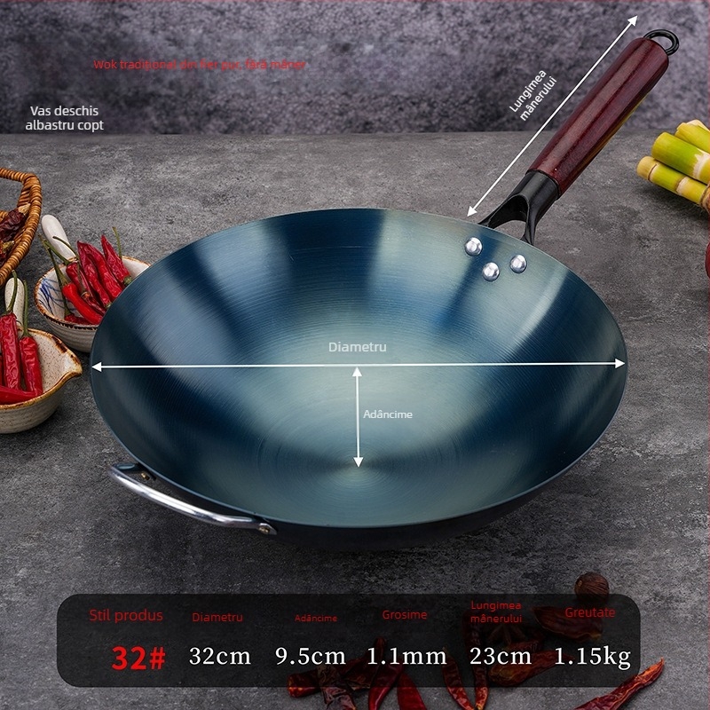 Wok din fier albastru, fund rotund, neacoperit, compatibil cu aragaz pe gaz, pentru uz casnic și comercial