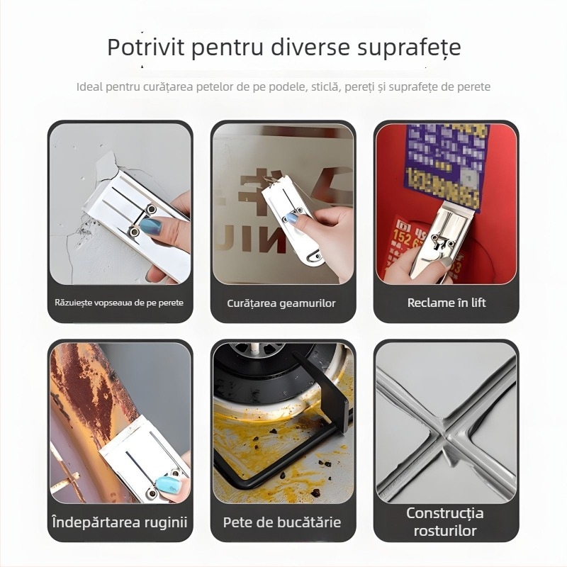 Unealtă multifuncțională din oțel inoxidabil cu mâner telescopic pentru îndepărtarea adezivului, curățarea sticlei, a podelelor, a rosturilor și a pereților — uz casnic