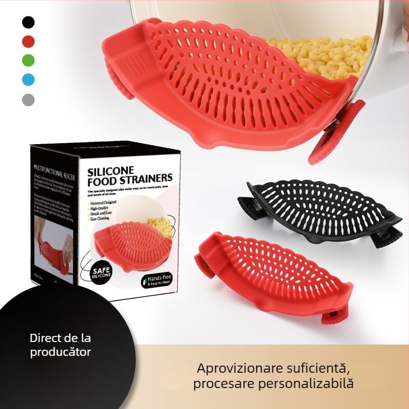 Scurgător pentru oală din silicon și oțel inoxidabil, cu clemă și protecție la margine – filtru pentru fructe și legume, etanș la scurgeri