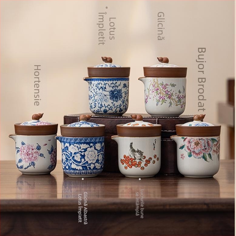 Gongfu Set de Ceai pentru Călătorii cu Ceainic pentru Separarea Ceaiului de Apă, Set Portabil, Ceașcă pentru Infuzie Rapidă, Albastru Ru Kiln, Lux Lejer
