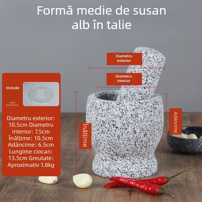 Mojar din piatră pentru usturoi, granit alb